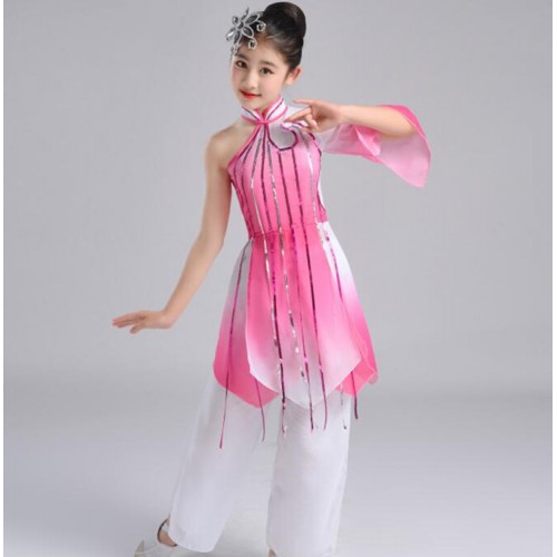 Girls chinese folk dance costumes kid children pink mint ancient fairy fan umbrella dance dresses